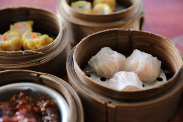 Dim sum , Steam Dumpling in wood basket Chinese food