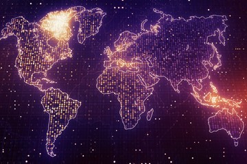 Digital world map on dark blue background. 3D Rendering