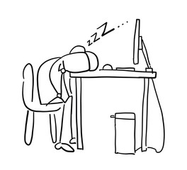 Quick hand drawn faceless businessman character tired and sleeping on computer desk.