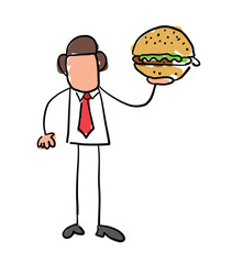 Quick hand drawn faceless businessman character holding hamburger fast food.