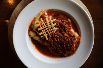Homemade Beef Meat lasagna on dish in restaurant , Italian food