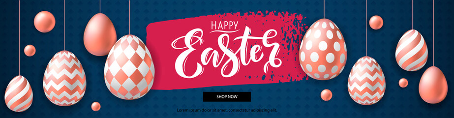Happy Easter horizontal banner with realistic pink golden eggs on textured background. Template of 3d easter eggs with patten for card, invitation, sale, web, post. Greeting card trendy design