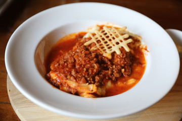 Homemade Beef Meat lasagna on dish in restaurant , Italian food
