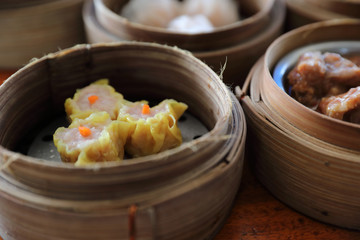 Dim sum , Steam Dumpling in wood basket Chinese food