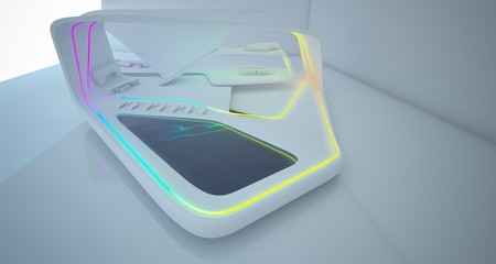 Abstract architectural white interior of a minimalist house with colored neon lighting. 3D illustration and rendering