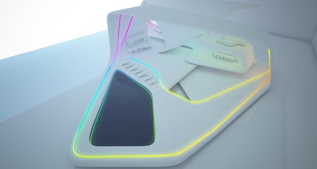 Abstract architectural white interior of a minimalist house with colored neon lighting. 3D illustration and rendering