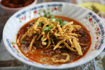 Northern Thai Curry Noodles soup , khao soi local thai street food