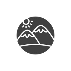 Obraz premium Snowy mountains peak and sun vector icon. filled flat sign for mobile concept and web design. Mountain landscape glyph icon. Symbol, logo illustration. Vector graphics