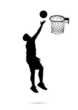 Silhouette Of Man Jumping Dunking Basketball To Basket Vector Illustration