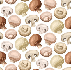 Seamless pattern of flat hand drawn champignon mushrooms on white background. Healthy wholesome vegetarian food. Vector cartoon texture for wallpaper, fabric and your creativity.