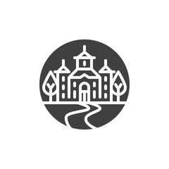 Landscape with a church and trees vector icon. filled flat sign for mobile concept and web design. Country side church glyph icon. Symbol, logo illustration. Vector graphics
