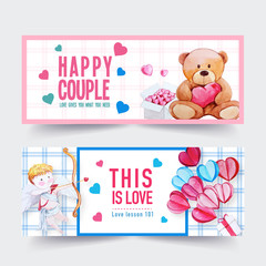 Love banner design with doll, cupid, box watercolor illustration