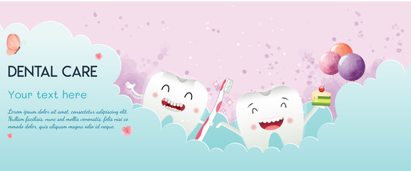 Watercolor for Cute cartoon happy tooth with toothpaste character cleaning itself with toothbrush, oral dental hygiene, children dentistry concept. Vector Illustration