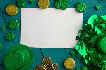 St. Patrick's Day background for congratulation, greeting card for design. Leprechaun coins, clover...
