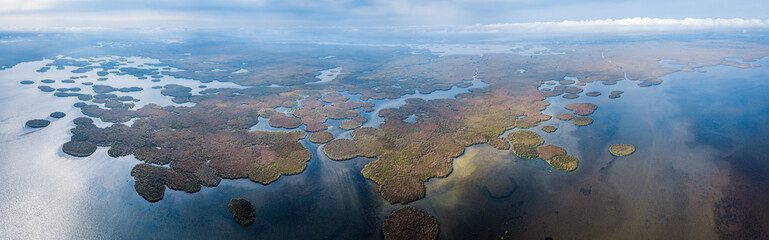 Aerial panorama of the delta of the river of Volga near the village of Karalat, Astrakhan Region, Russia