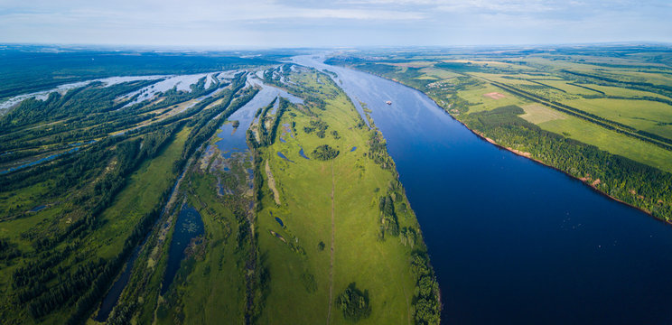 Aerial panorama of the river of Kama at sunny summer day, Russia