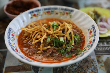 Northern Thai Curry Noodles soup , khao soi local thai street food