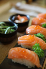 Salmon Sushi with soup salad Japanese local food
