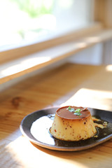 Japanese pudding on wood background japanese dessert