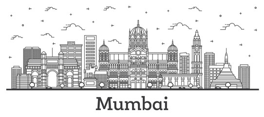 Outline Mumbai India City Skyline with Historic Buildings Isolated on White.
