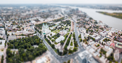 Aerial panorama of the city of Astrakhan and its Kremlin. Version of the image with the tilt shift effect