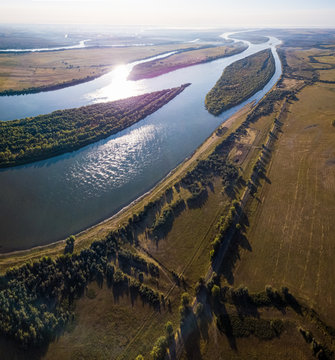 Aerial panorama of the river of Buzan at sunrise, Astrakhan Region, Russia