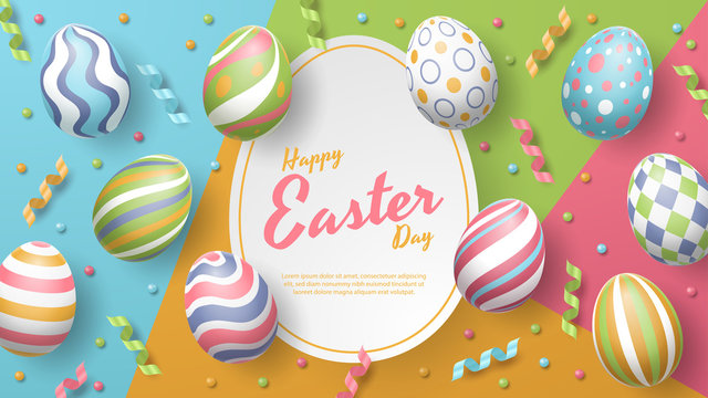 Happy Easter background with realistic painted eggs, ribbon, and egg shape. Vector illustration