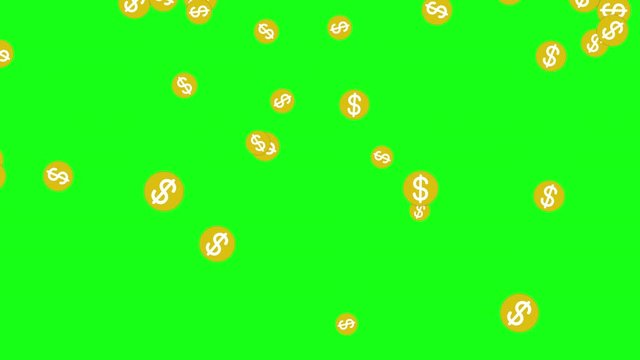 Falling Dollar Coins On A Green Screen Background.