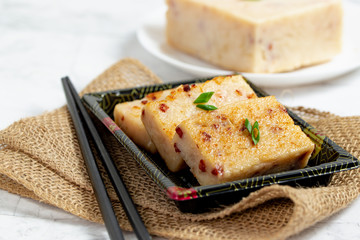 Homemade radish cake with Chinese sausage, popular Chinese dim sum dish