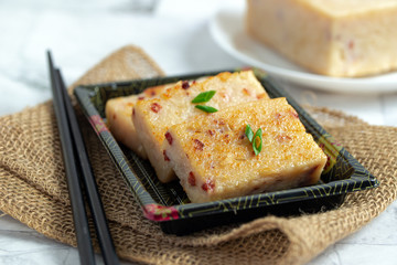 Homemade radish cake with Chinese sausage, popular Chinese dim sum dish