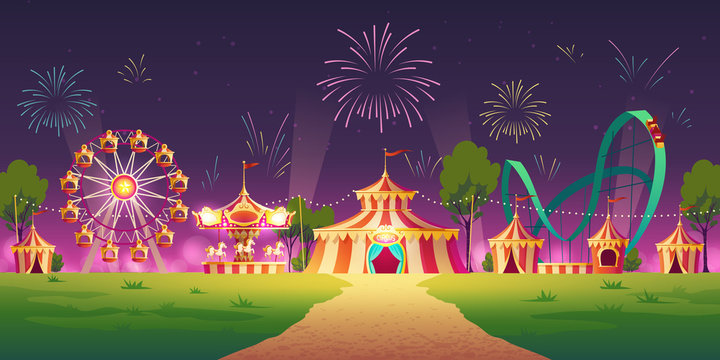 Carnival funfair, amusement park with circus tent, attractions and fireworks in sky. Vector cartoon illustration of night summer landscape with roller coaster, carousel and ferris wheel