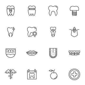 Dentistry orthodontics line icons set. linear style symbols collection, dental health care outline signs pack. vector graphics. Set includes icons as implant tooth, oral hygiene, dental clinic service