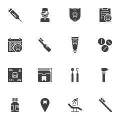Fototapeta premium Dental clinic service vector icons set, modern solid symbol collection, Dentistry filled style pictogram pack. Signs, logo illustration. Set includes icons as dentist doctor, patient card, teeth x-ray