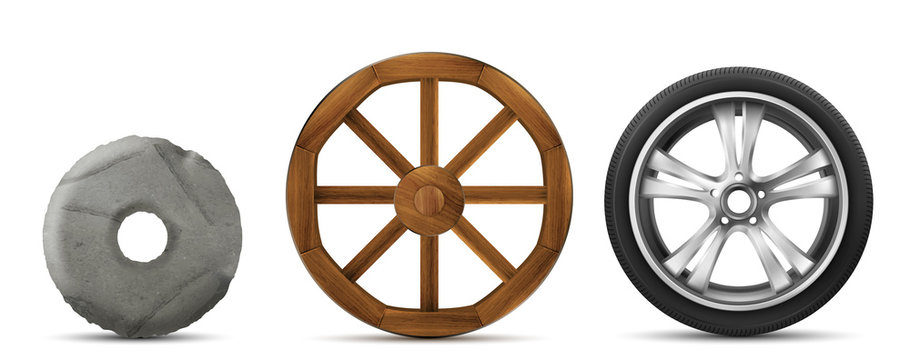 Wheels evolution from primitive stone ring, ancient wooden to modern car tire with disk. History of transport wheels. Vector set of old and new invention isolated on white background