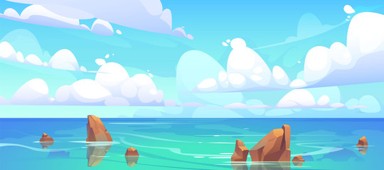 Sea landscape with stones in water and clouds in blue sky. Vector cartoon illustration of coastal ocean with rocks. Seascape of rocky shore on island © klyaksun
