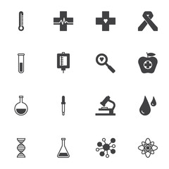 Medical research vector icons set, modern solid symbol collection, filled style pictogram pack. Signs, logo illustration. Set includes icons as thermometer, heartbeat cardiogram, laboratory microscope