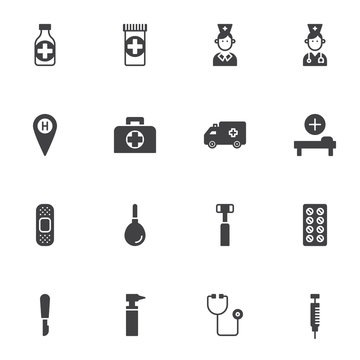 Medical healthcare vector icons set, modern solid symbol collection, filled style pictogram pack. Signs, logo illustration. Set includes icons as doctor nurse, medicine pills, stethoscope, hospital