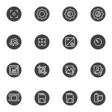 Camera settings vector icons set, modern solid symbol collection, filled style pictogram pack. Signs, logo illustration. Set includes icons as night mode, aperture, filmstrip, memory card, viewfinder