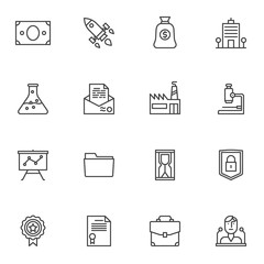 Business Startup line icons set. linear style symbols collection, Launch Project outline signs pack. vector graphics. Set includes icons as rocket, money savings, office building, financial diagram