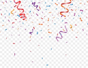 Many Falling Colorful Confetti Ribbon On Transparent Background. 