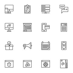 Business e-commerce line icons set. linear style symbols collection, Startup marketing outline signs pack. vector graphics. Set includes icons as online shopping, contact book, computer monitor, store