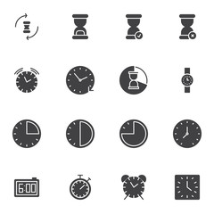 Clock time vector icons set, modern solid symbol collection, filled style pictogram pack. Signs, logo illustration. Set includes icons as hourglass, sand clock, wrist watch, digital alarm clock