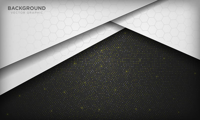 Abstract white and black dimension overlap background with hexagon pattern on shiny golden radial halftone. Vector illustration.