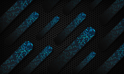 Black abstract background with blue dots element and hexagon texture. Modern luxury futuristic technology design concept.