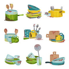 Dirty Kitchen Utensils and Crockery Vector Illustrations Set