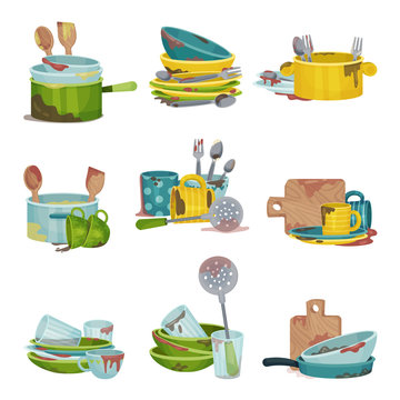 Dirty Kitchen Utensils And Crockery Vector Illustrations Set