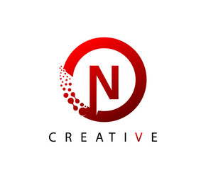 Circle N Letter Digital Network , abstract red N dotted logo design.