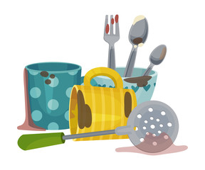 Stack of Dirty Dishes and Crockery Vector Illustration