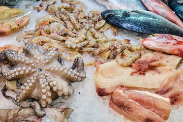 Fish and seafood for sale at a market in Rome, Italy