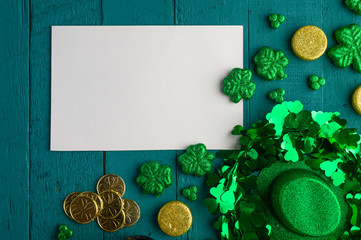 St. Patrick's Day background for congratulation, greeting card for design. Leprechaun coins, clover...